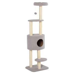 Arranhador para Gatos  com Postes de Sisal, 3 Plataformas, Casa e Bola Suspensa Cinza